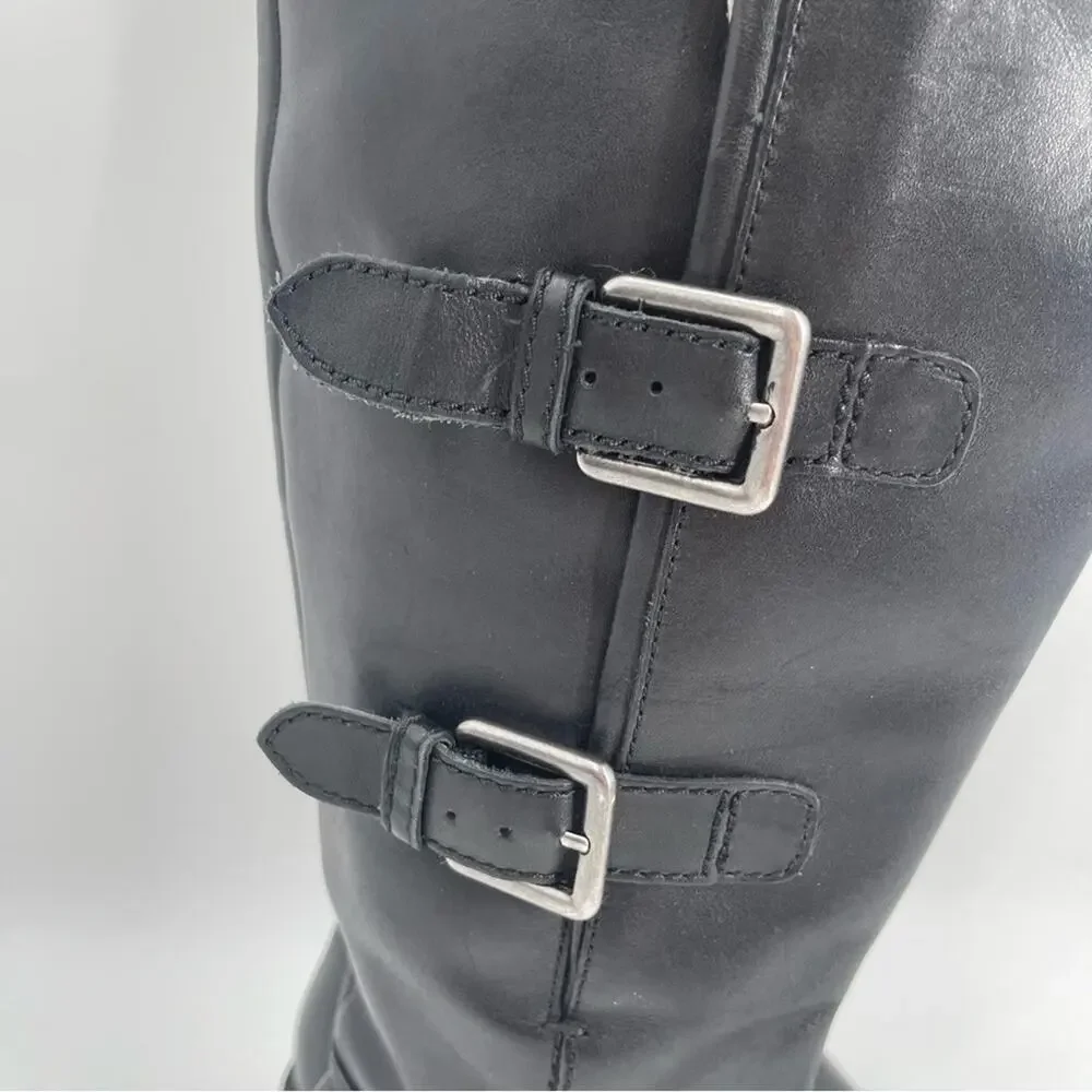 ECCO Boots Size 38 (7-7.5) Black Hobart 3 Buckle Riding Tall Womens Leather